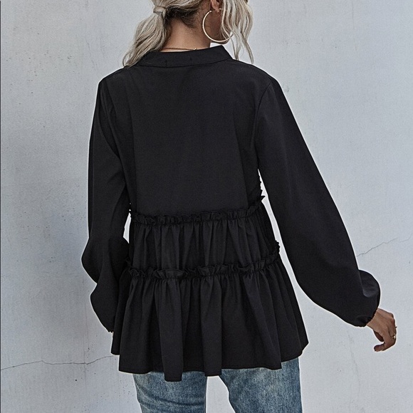 Boho Beige v neck ruffle babydoll long sleeve top - Picture 5 of 15